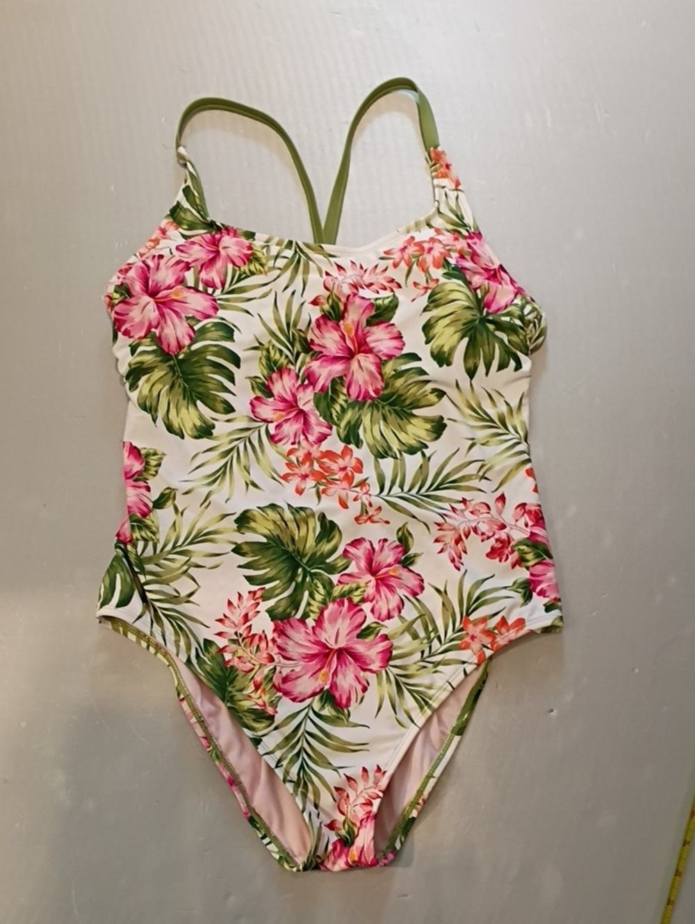 Hurley Pink Floral One-Piece Swimsuit with Green Leaf Accents